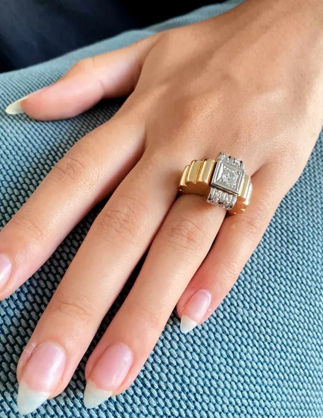 Bague Tank Vintage Or, Platine & Diamants