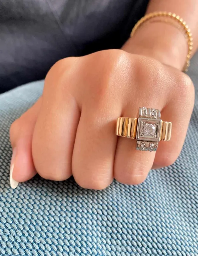 Bague Tank Vintage Or, Platine & Diamants