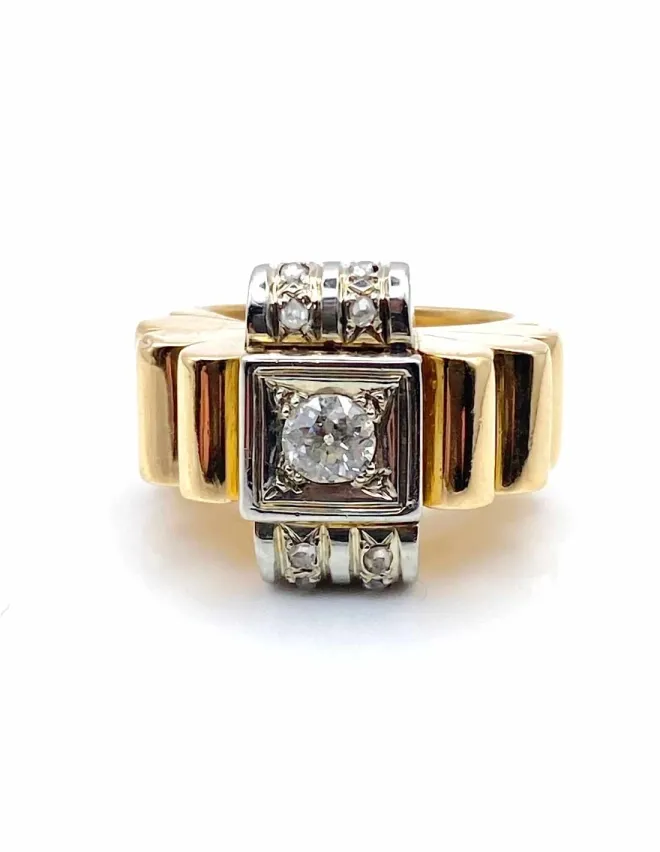 Bague Tank Vintage Or, Platine & Diamants