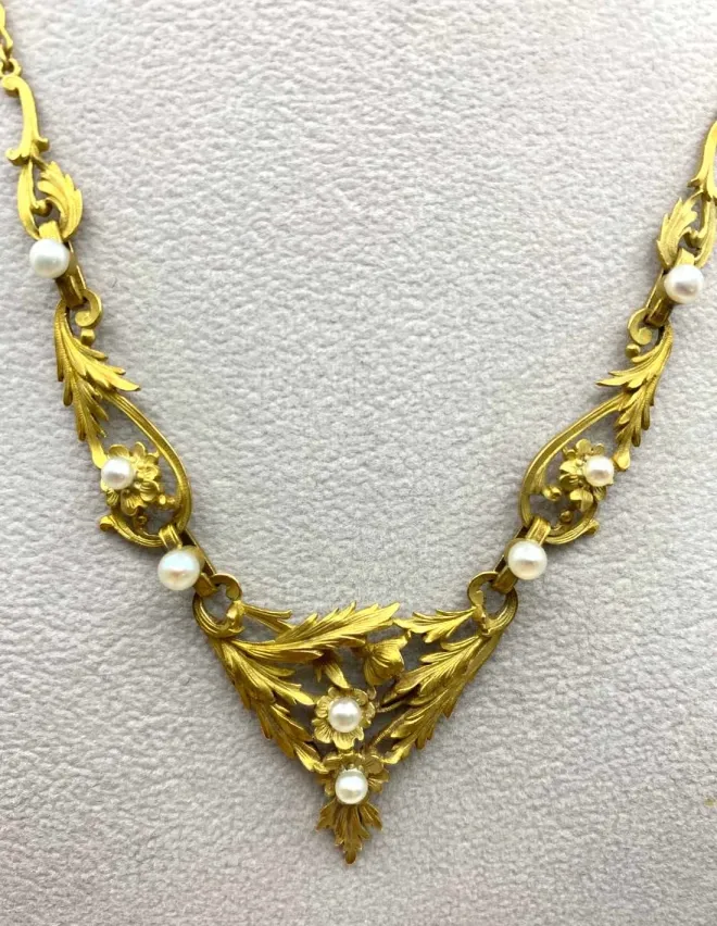 Collier Art Nouveau Or Jaune et Perles