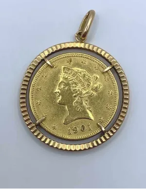 Pendentif Vintage Pièce Or 10 Dollars 1901