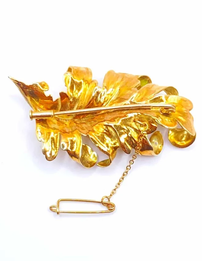 Broche Feuille Vintage Or et Diamants