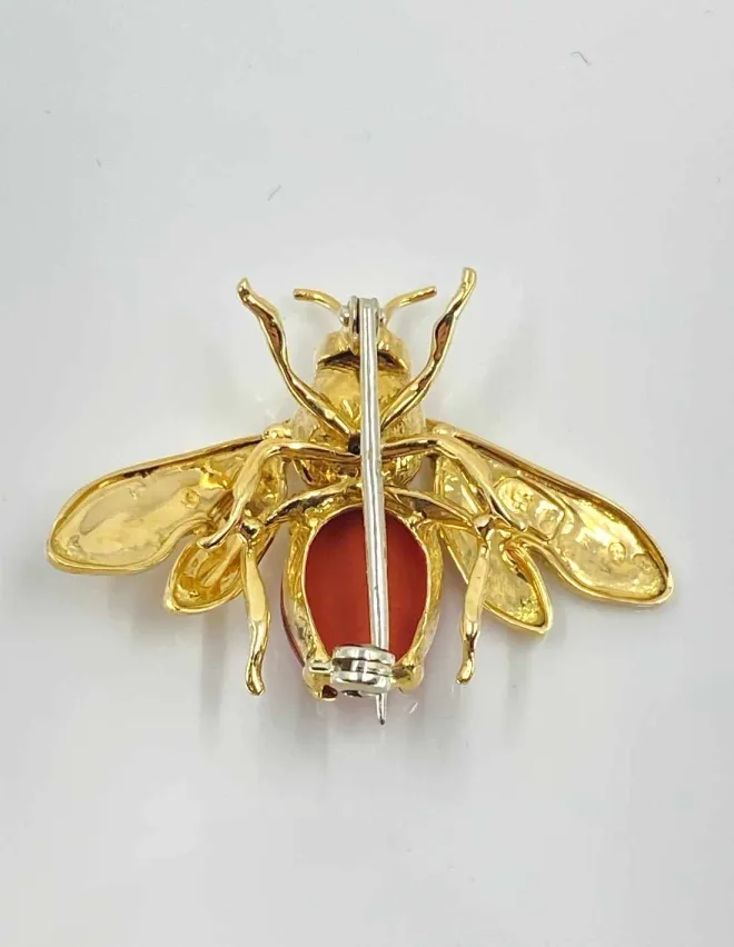 Broche Vintage Abeille Or Jaune & Corail