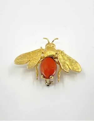 Broche Vintage Abeille Or Jaune & Corail 2