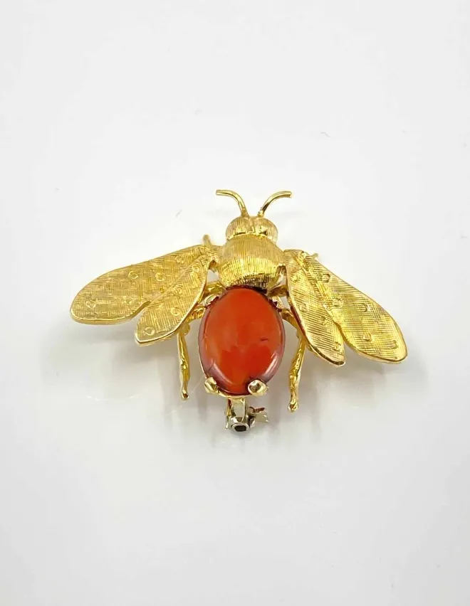 Broche Vintage Abeille Or Jaune & Corail