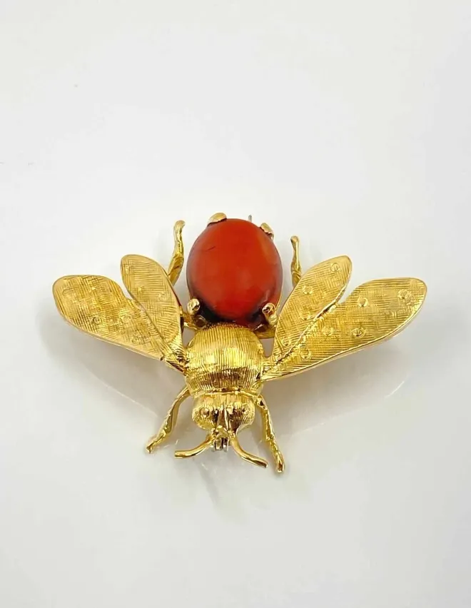 Broche Vintage Abeille Or Jaune & Corail
