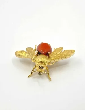 Broche Vintage Abeille Or Jaune & Corail
