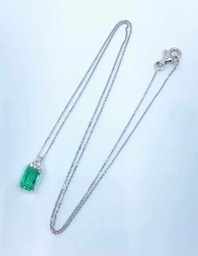 Collier Or Blanc Pendentif Emeraude & Diamants