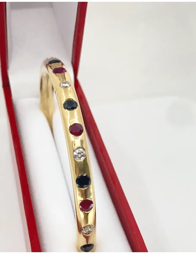Bracelet Jonc Massif Or Diamants, Rubis & Saphirs