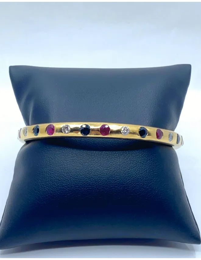 Bracelet Jonc Massif Or Diamants, Rubis & Saphirs