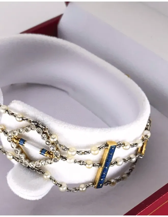 Bracelet Art Deco Or Platine Perles Naturelles Emaux & Diamants