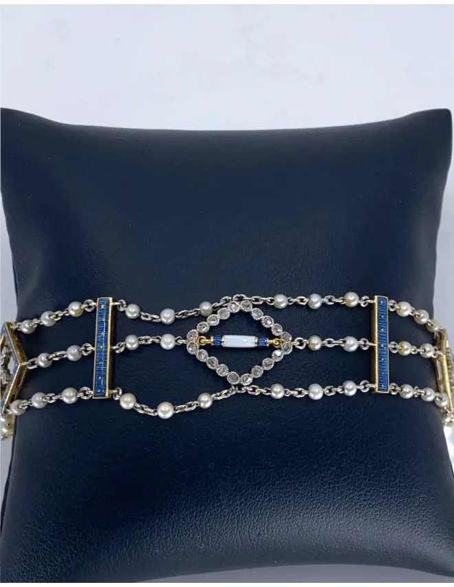 Bracelet Art Deco Or Platine Perles Naturelles Emaux & Diamants