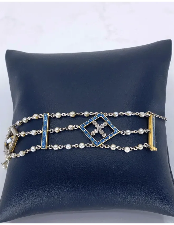 Bracelet Art Deco Or Platine Perles Naturelles Emaux & Diamants