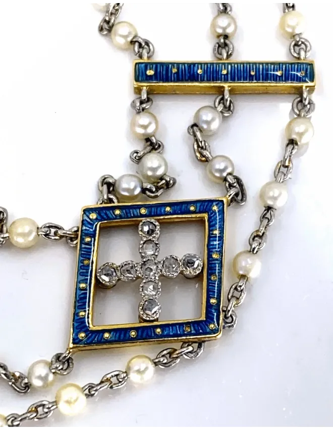 Bracelet Art Deco Or Platine Perles Naturelles Emaux & Diamants