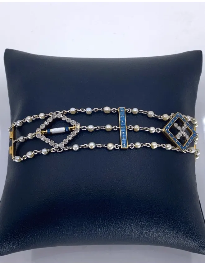 Bracelet Art Deco Or Platine Perles Naturelles Emaux & Diamants