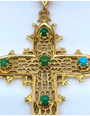 Pendentif Grande Croix du Pont D'Estaing Or Jaune & Turquoises 2