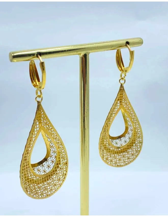 Boucles d'Oreilles Or Jaune Gouttes Filigranées