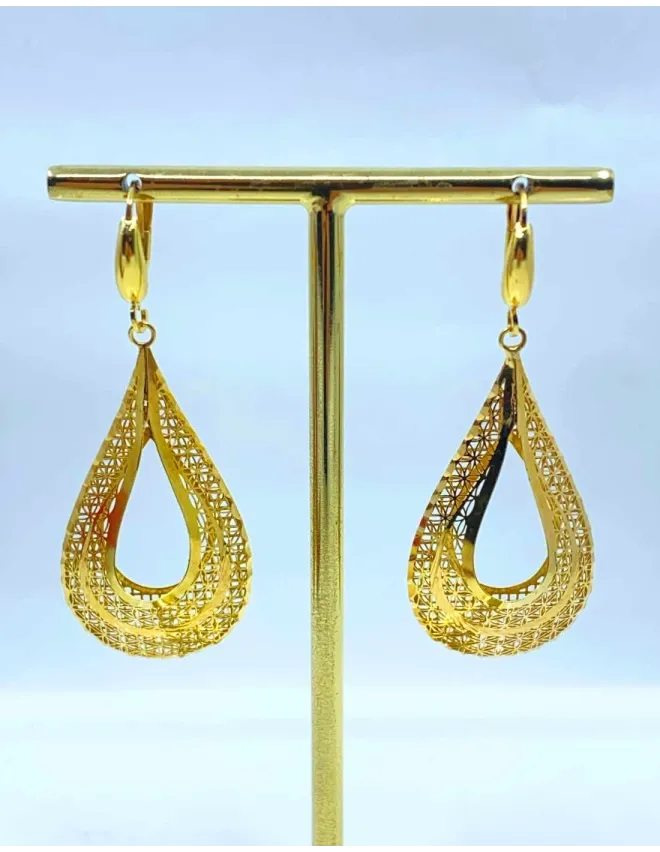 Boucles d'Oreilles Or Jaune Gouttes Filigranées