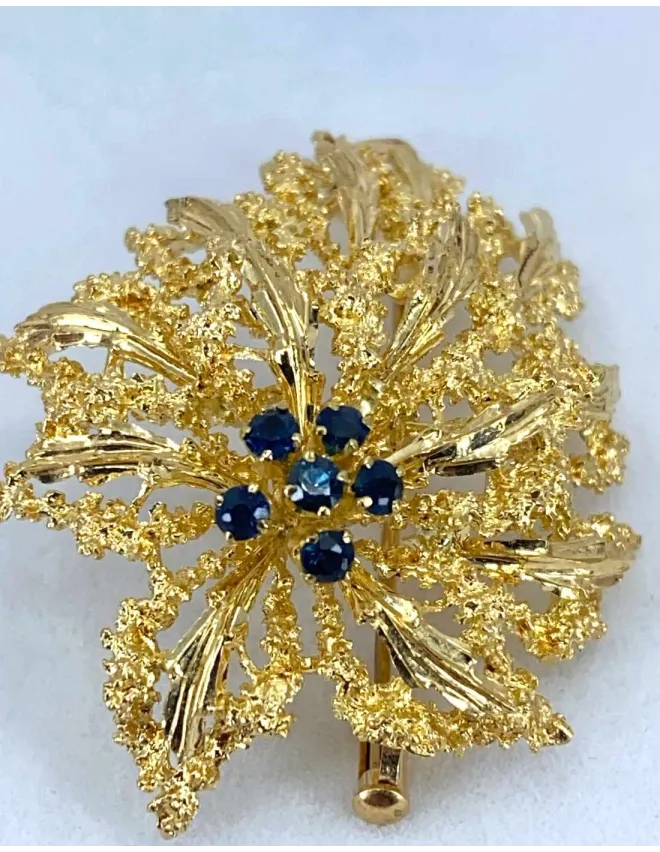 Broche Feuille Or Jaune & Saphirs
