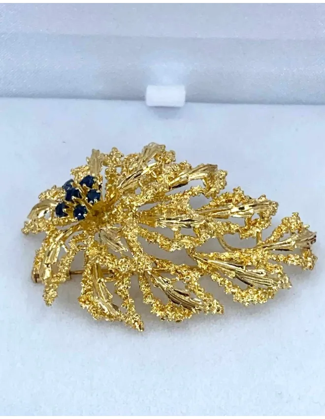 Broche Feuille Or Jaune & Saphirs