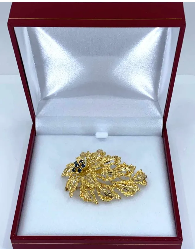 Broche Feuille Or Jaune & Saphirs