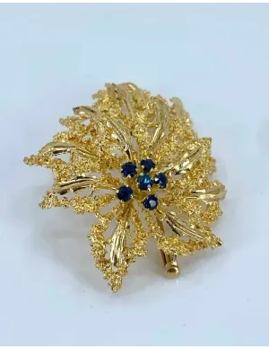 Broche Feuille Or Jaune & Saphirs 2