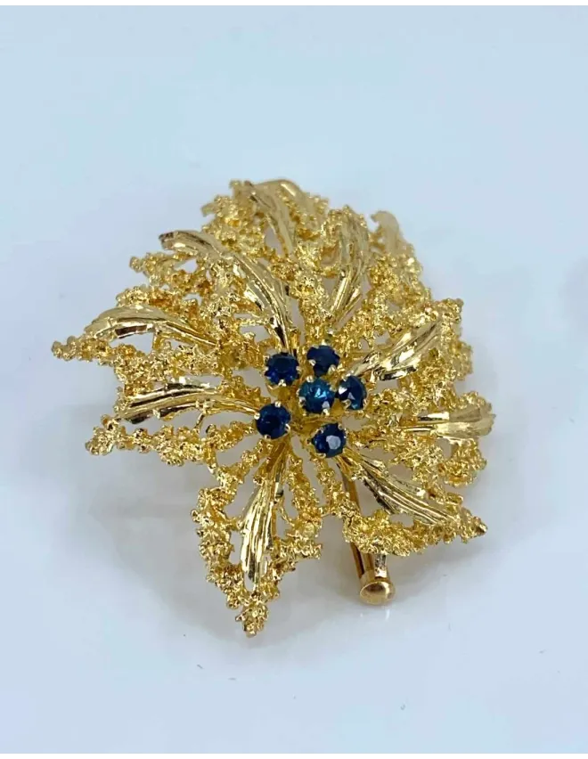 Broche Feuille Or Jaune & Saphirs