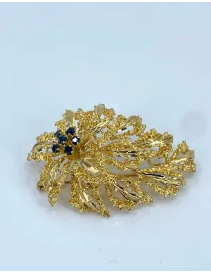 Broche Feuille Or Jaune & Saphirs
