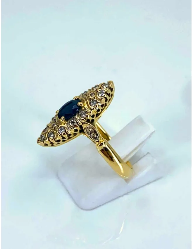 Bague Marquise Or Jaune, Saphir & Diamants