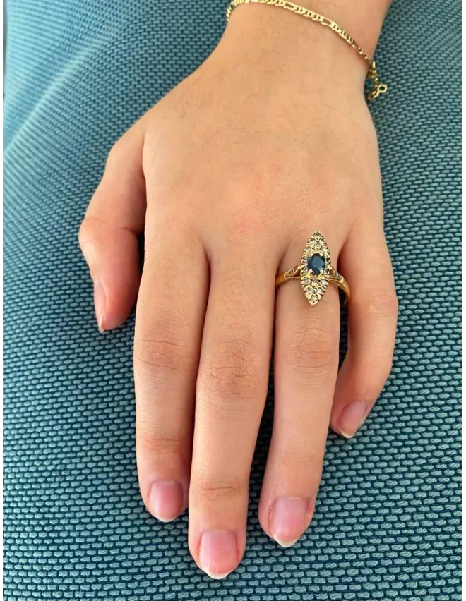 Bague Marquise Or Jaune, Saphir & Diamants
