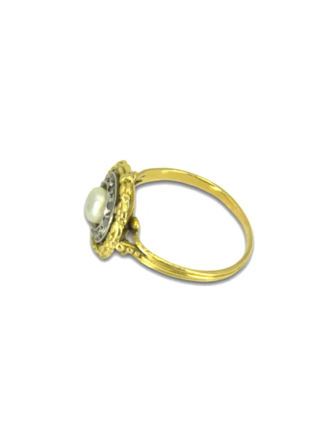 Bague Vintage 2 Ors, Perle Naturelle & Diamants