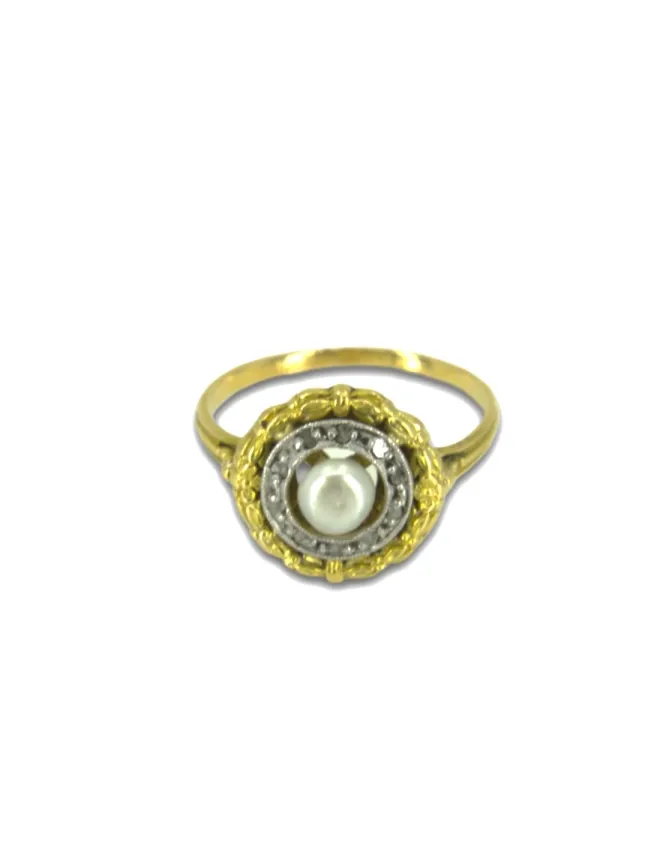 Bague Vintage 2 Ors, Perle Naturelle & Diamants