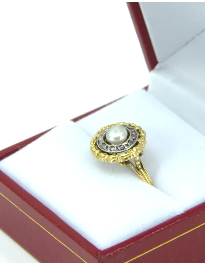 Bague Vintage 2 Ors, Perle Naturelle & Diamants