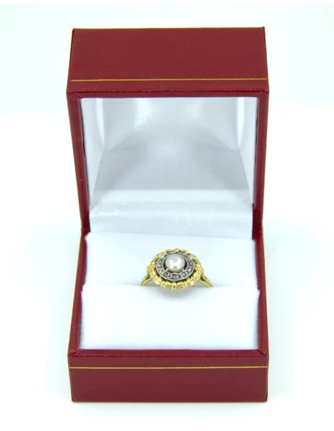 Bague Vintage 2 Ors, Perle Naturelle & Diamants