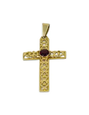 Pendentif Crucifix Vintage Or Jaune & Grenat
