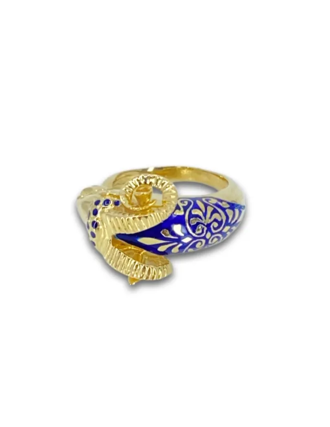 Bague Tête de Bélier Or Jaune & Email Bleu