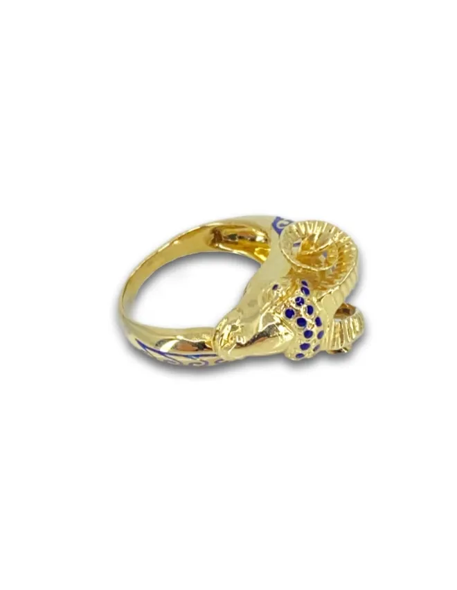 Bague Tête de Bélier Or Jaune & Email Bleu