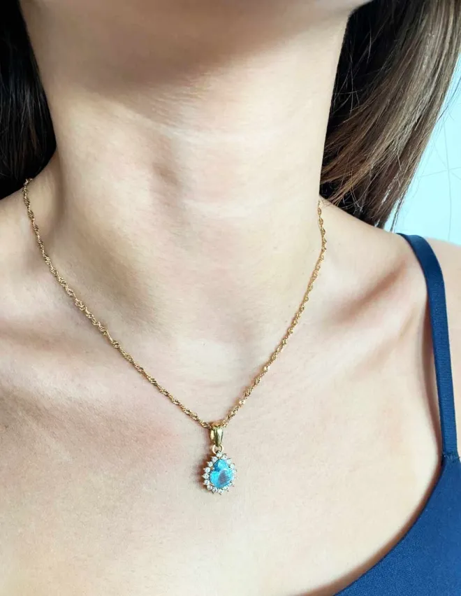 Chaine Or Jaune et Pendentif Goutte Topaze et Oxydes de Zirconium