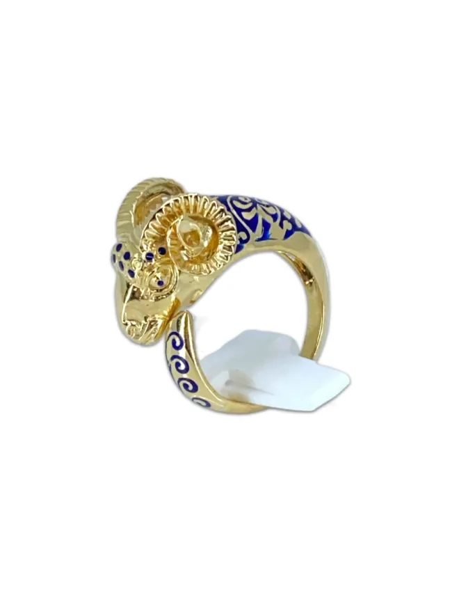 Bague Tête de Bélier Or Jaune & Email Bleu