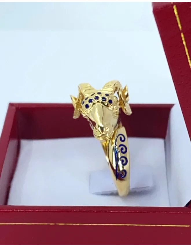 Bague Tête de Bélier Or Jaune & Email Bleu
