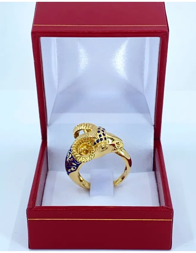 Bague Tête de Bélier Or Jaune & Email Bleu