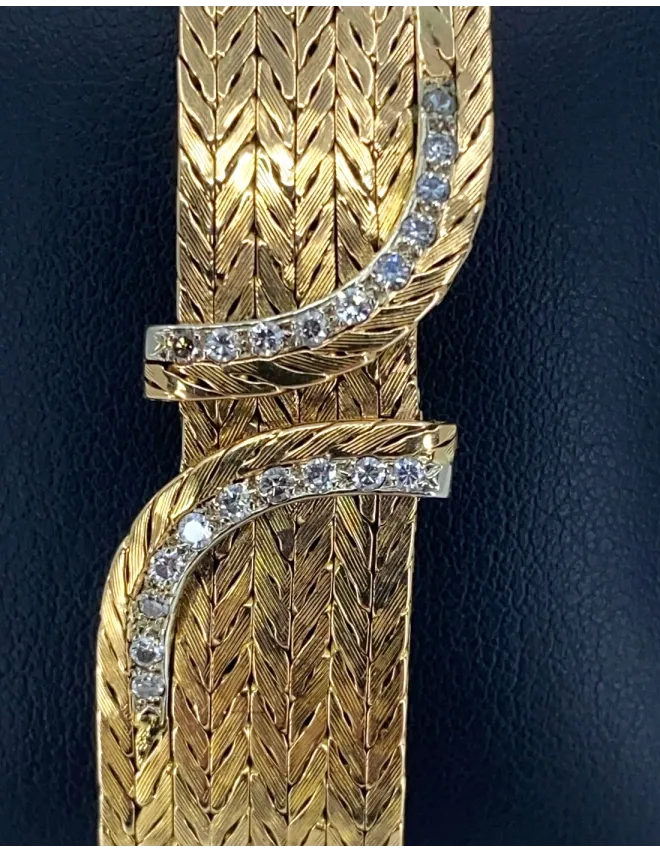 Bracelet Vintage Mailles Chevrons Or et Diamants