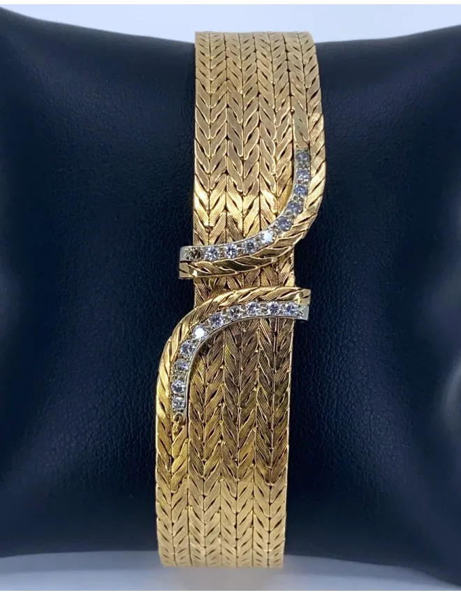 Bracelet Vintage Mailles Chevrons Or et Diamants