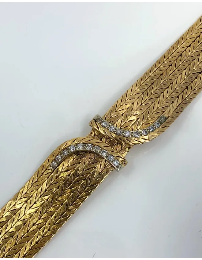 Bracelet Vintage Mailles Chevrons Or et Diamants