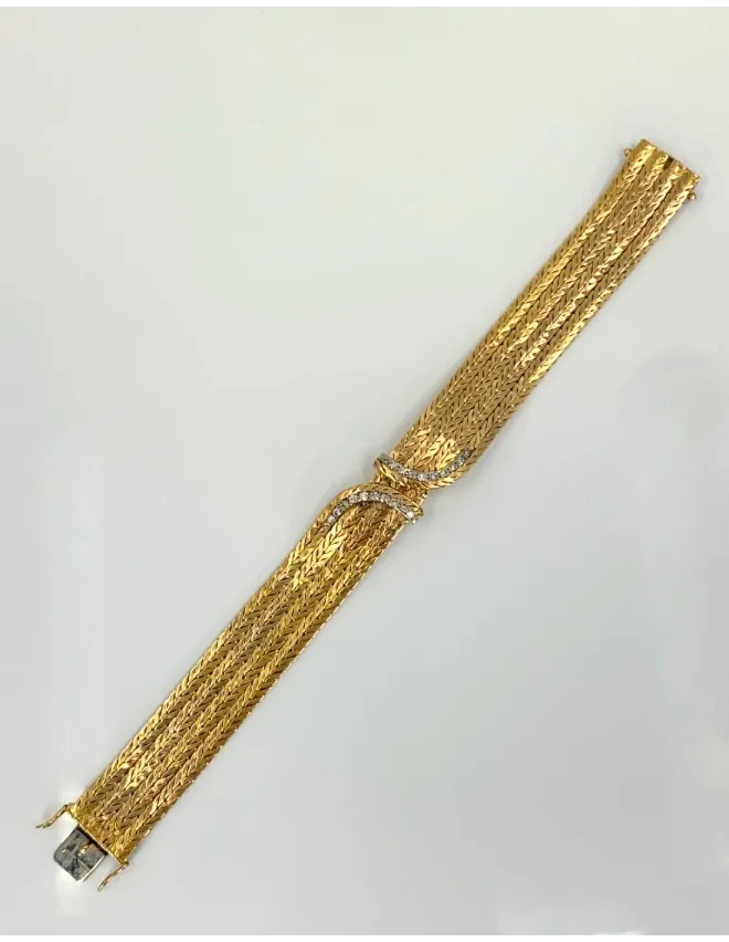 Bracelet Vintage Mailles Chevrons Or et Diamants