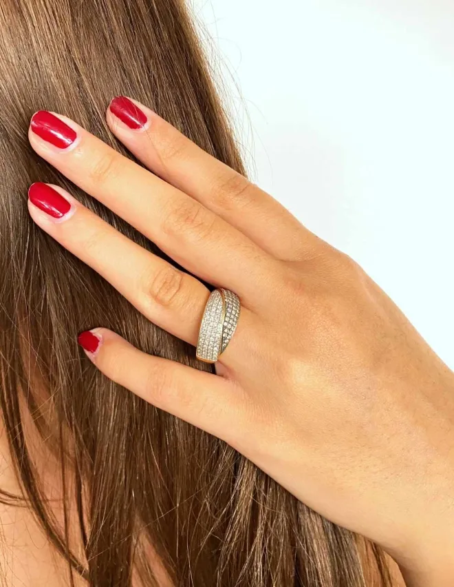 Bague Croisée Pavage Diamants Bicolores