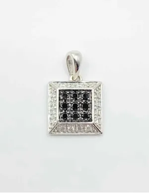 Pendentif Or Blanc Pavé Diamants Noirs et Blancs