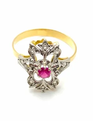 Bague Marquise Antique Or 18k Rubis et Diamants