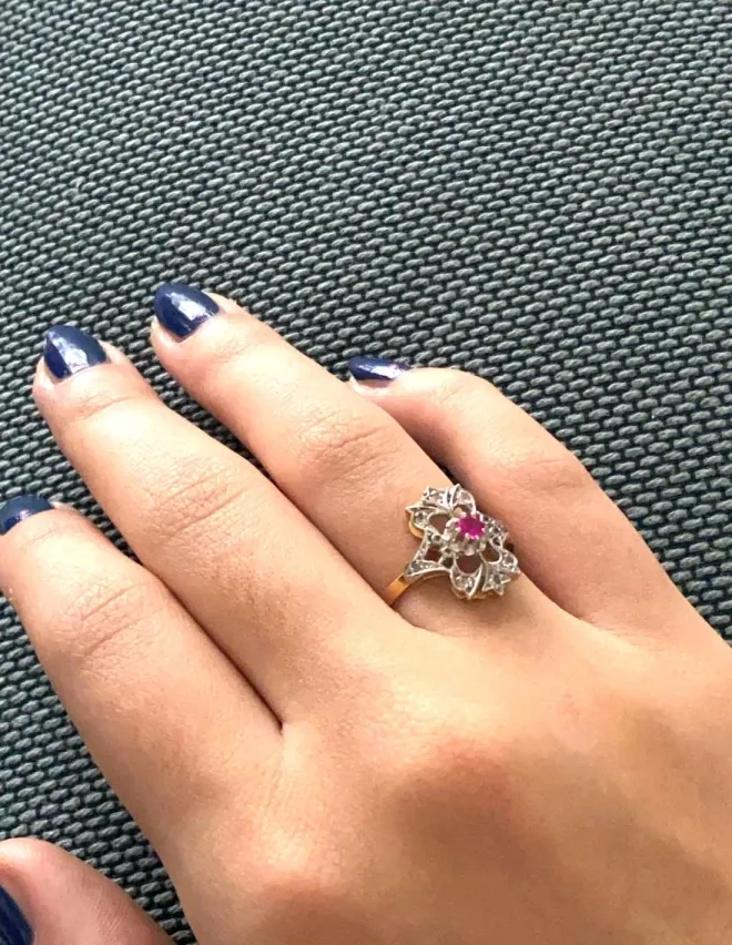 Bague Marquise Antique Or 18k Rubis et Diamants