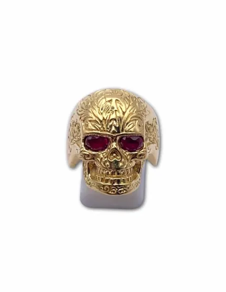 Bague Chevalière Tête de Mort Or Jaune & Rubis